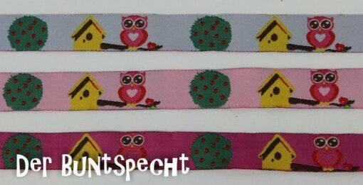 Webband "Vogelhaus Eule" hellblau-grau, rosa oder pink